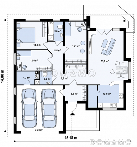 Проект одноэтажного дома с эркером и гаражом из газобетона со свободной планировкой мансардного этажа  / План 1 этажа