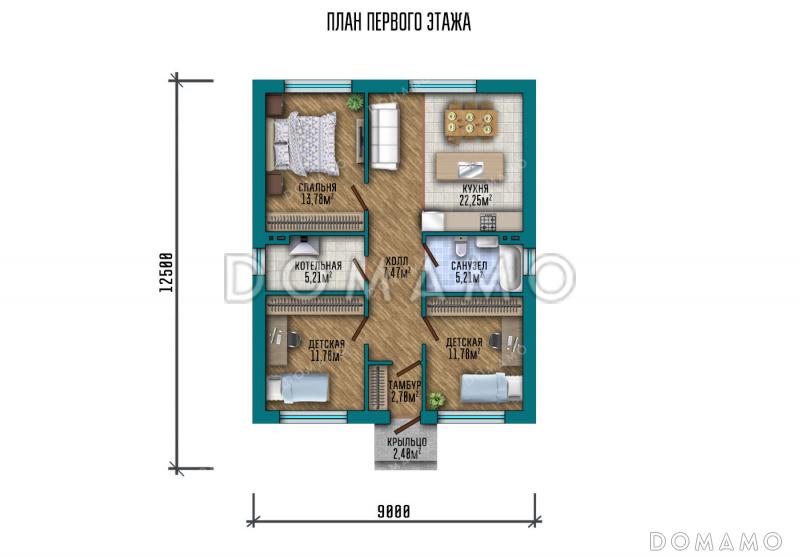 Проект небольшого дома с тремя спальнями и кухней / План 1 этажа