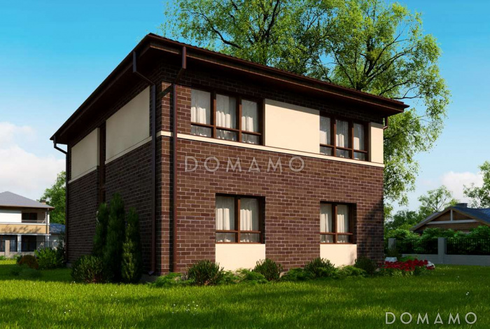 Проект современного двухэтажного дома из газобетона с четырьмя спальнями и кабинетом, без гаража