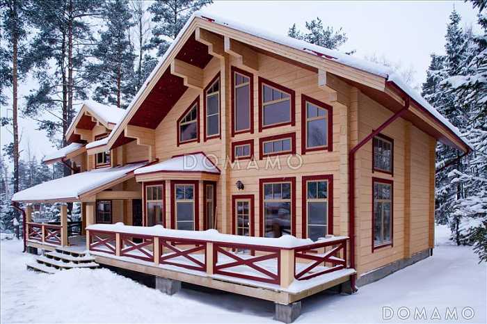 Проект двухэтажного дома из клееного бруса со вторым светом над кухней и просторной гостиной