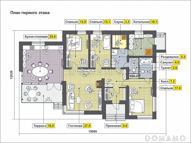 Проект одноэтажного дома с крытой террасой, сауной, тремя спальнями, большой кухней-столовой / План 1 этажа