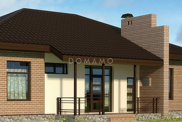 Проект одноэтажного коттеджа с коричневой облицовкой и необычной стеной крыльца