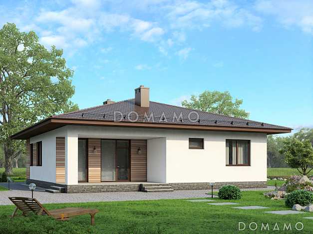 Проект одноэтажного дома из SIP панелей с тремя спальнями, шатровой крышей и комбинированной облицовкой