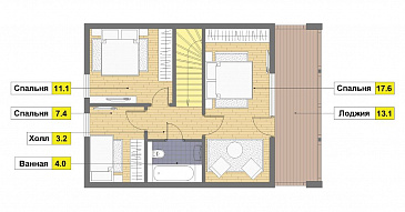 Проект двухэтажного каркасного дома с 4 спальнями и просторной лоджией / План 2 этажа