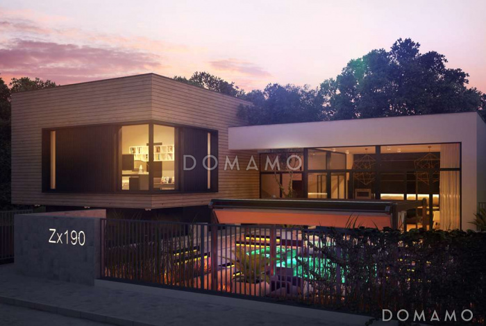 Проект современного двухэтажного дома из кирпича с плоской крышей, с двумя спальнями и подземным гаражом