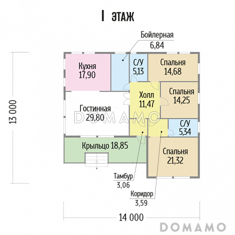 Проект одноэтажного каркасного дома с тремя спальнями / План 1 этажа