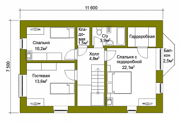 Проект компактного коттеджа из кирпича с балконом. / План мансардного этажа