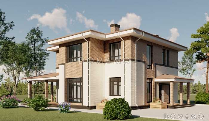 Проект двухэтажного дома из газобетона с двумя каминами на большой террасе и в гостиной