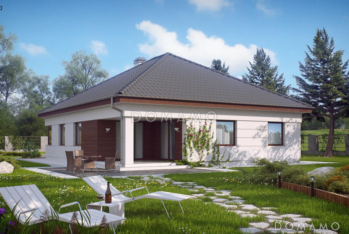 Проект одноэтажного дома с приватной спальной зоной, кабинетом, большой гостиной, террасой