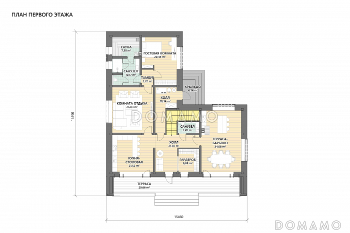 Проект двухэтажного кирпичного коттеджа с мастер-спальней, сауной и террасой барбекю / План 1 этажа
