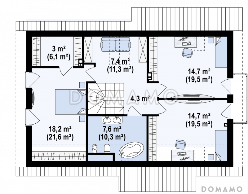 Проект мансардного дома из кирпича с прямоугольным эркером и со встроенным гаражом / План мансардного этажа
