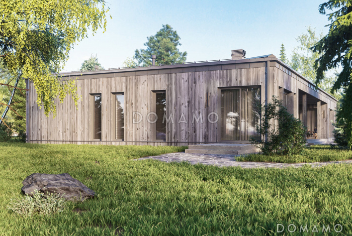 Проект одноэтажного каркасного дома с 3 спальнями и просторной крытой террасой