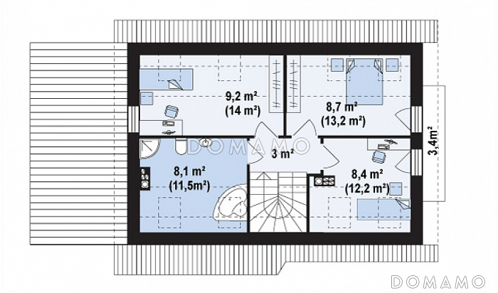 Проект одноэтажного мансардного дома из газобетона с балконом и навесом для автомобиля, с увеличенной гостиной / План мансардного этажа