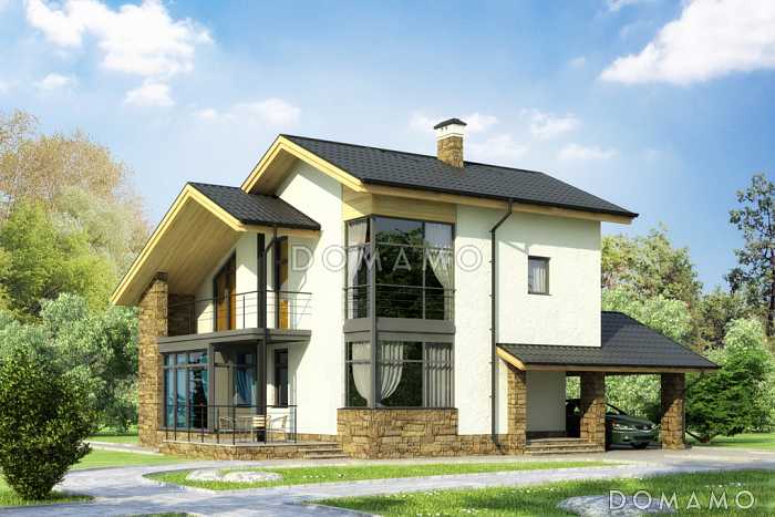 Проект частного дома из СИП панелей с навесом для автомобиля, панорамными окнами в кузне-столовой, длинным балконом на мансардном этаже