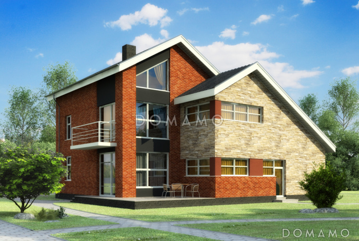 Проект кирпичного загородного дома в современном стиле с открытой террасой и гаражом 