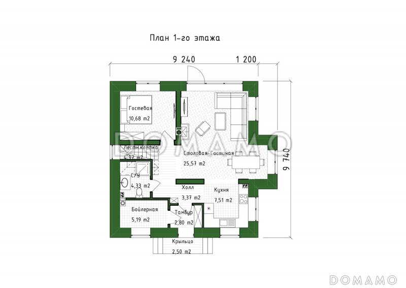 Проект компактного двухэтажного дома с 3 балконами и мансардой / План 1 этажа