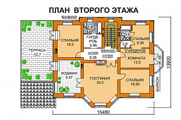 Проект дома из пеноблоков с бильярдной и небольшой сауной / План 2 этажа