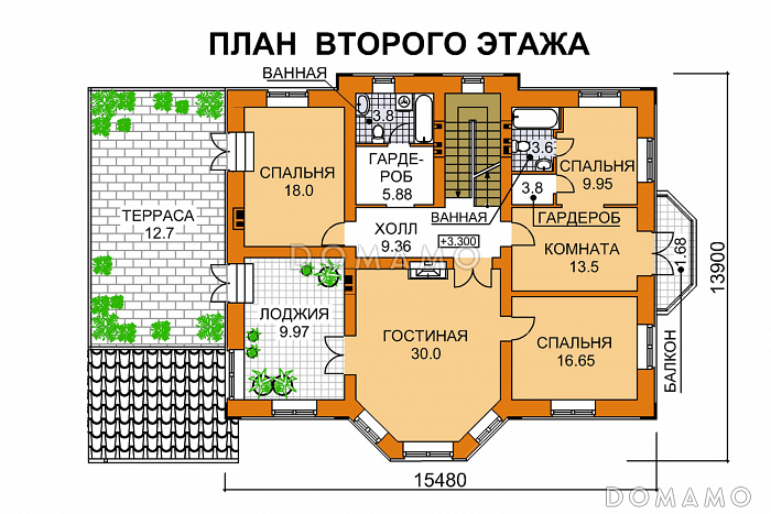 Проект дома из пеноблоков с бильярдной и небольшой сауной / План 2 этажа