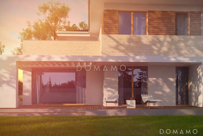 Проект просторного двухэтажного дома из кирпича с четырьмя спальнями,  гаражом и сауной