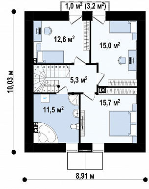 Проект комфортного загородного с отделкой фасадов кирпичом, кладовой, с террасой, балконом / План мансардного этажа