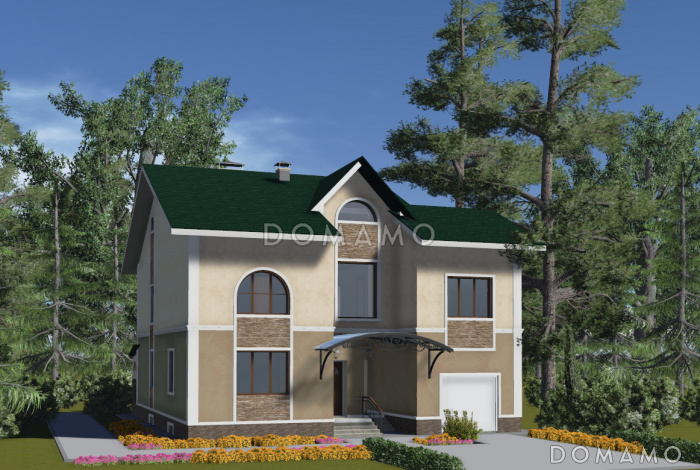 Проект двухэтажного коттеджа с цоколем, с гаражом и отдельным входом в кабинет