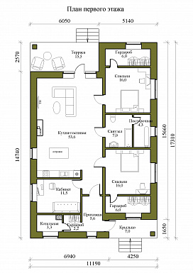 Проект одноэтажного дома с просторной кухней-гостиной и террасой / План 1 этажа