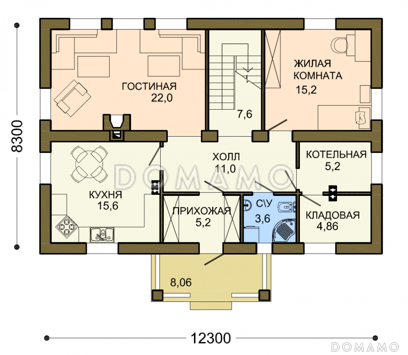 Проект уютного загородного дома с ажурным крыльцом под зеленой крышей / План 1 этажа
