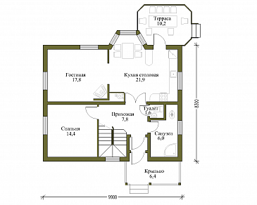 Проект коттеджа из бруса с верандой / План 1 этажа
