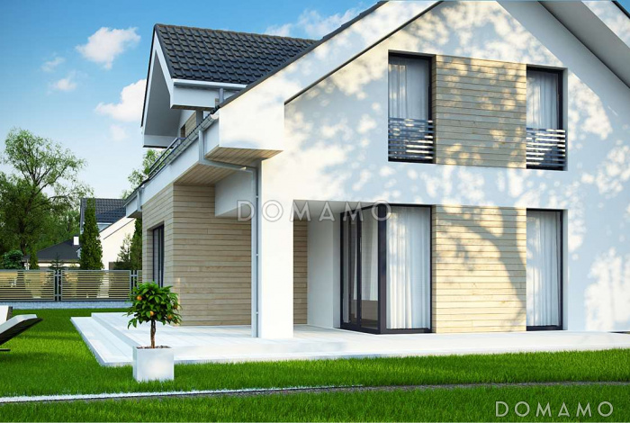 Проект одноэтажного мансардного дома из кирпича с угловой террасой