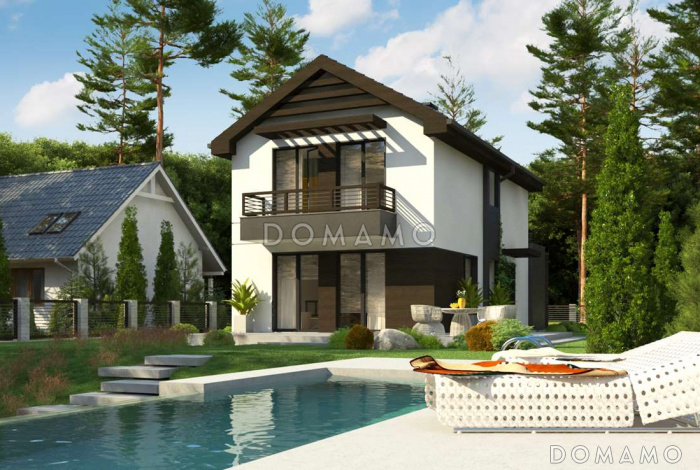 Проект компактного двухэтажного дома из газобетона современного дизайна с гаражом