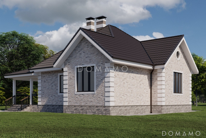 Проект одноэтажного газобетонного дома с двумя спальнями и просторной террасой