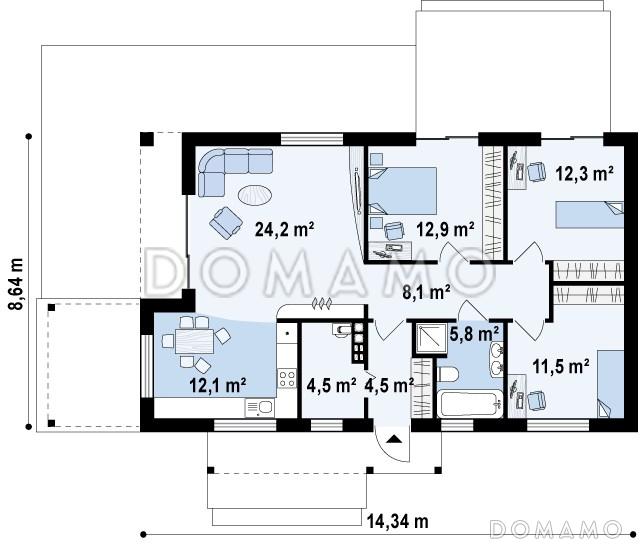Проект одноэтажного дома из газобетона современного дизайна / План 1 этажа