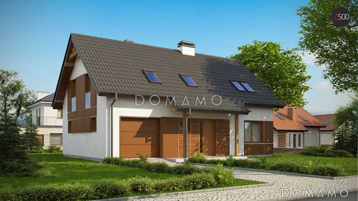 Проект одноэтажного мансардного дома из кирпича с эркером в столовой зоне, кабинетом и со встроенным гаражом