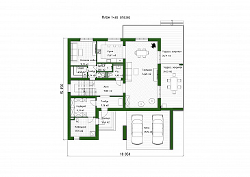 Проект дома в стиле хай-тек с 3 спальнями, большой гостиной, сауной и двухместным автонавесом / План 1 этажа