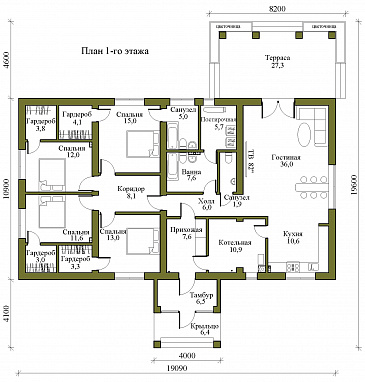 Проект одноэтажного каркасного дома с цветочной террасой и просторной кухней-гостиной / План 1 этажа