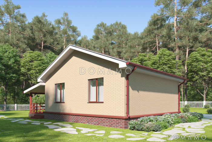 Проект дома с террасой, кухней-столовой, двумя небольшими спальнями и кладовой