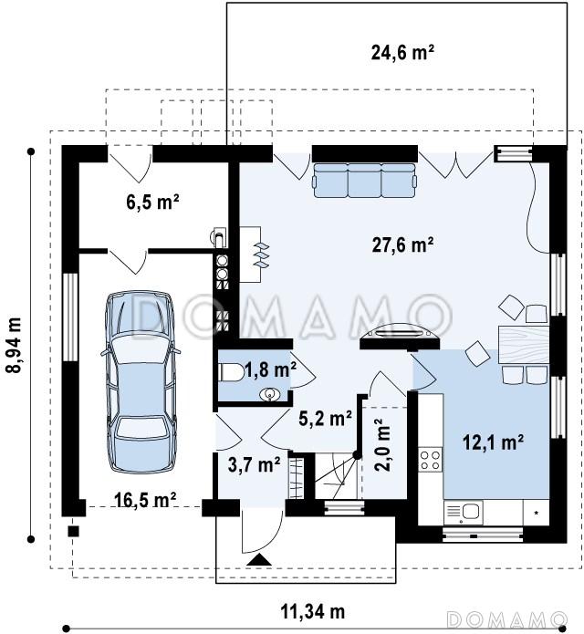 Проект одноэтажного мансардного дома из кирпича с частично крытой террасой и гаражом / План 1 этажа