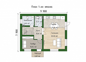 Проект компактного двухэтажного дома с 3 спальнями, гостиной и балконом / План 1 этажа