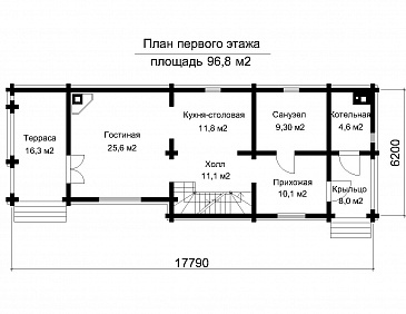 Проект двухэтажного дома из клееного бруса с подвальным этажом и холодным чердаком / План 1 этажа