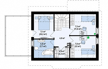 Проект одноэтажного мансардного дома из газобетона с открытой террасой над гаражом / План мансардного этажа