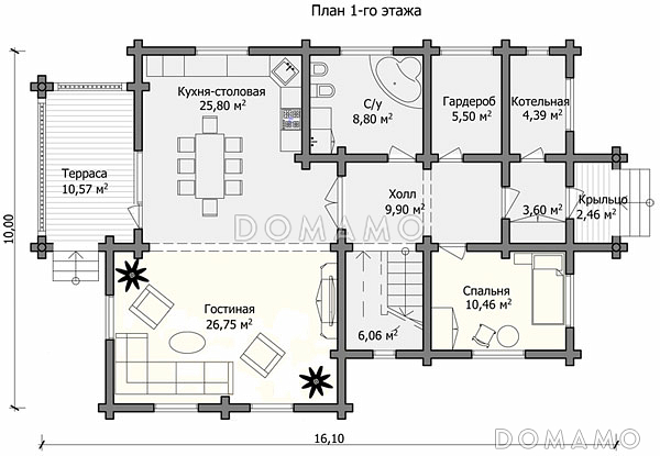 Проект дома с санузлом и просторным балконом на втором этаже / План 1 этажа