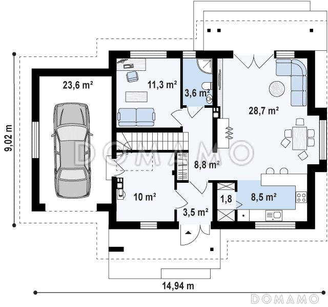 Проект классического мансардного дома из кирпича с кабинетом и большим техническим помещением и гаражом / План 1 этажа