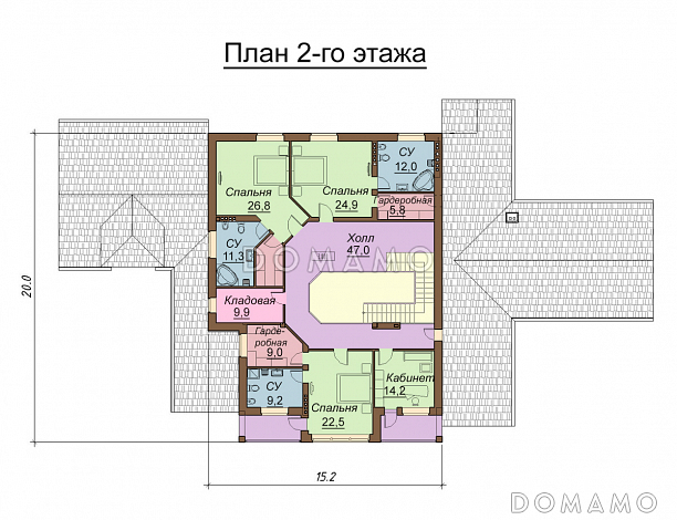 Проект двухэтажного дома с цокольным этажом, бассейном и гаражом на два автомобиля / План 2 этажа