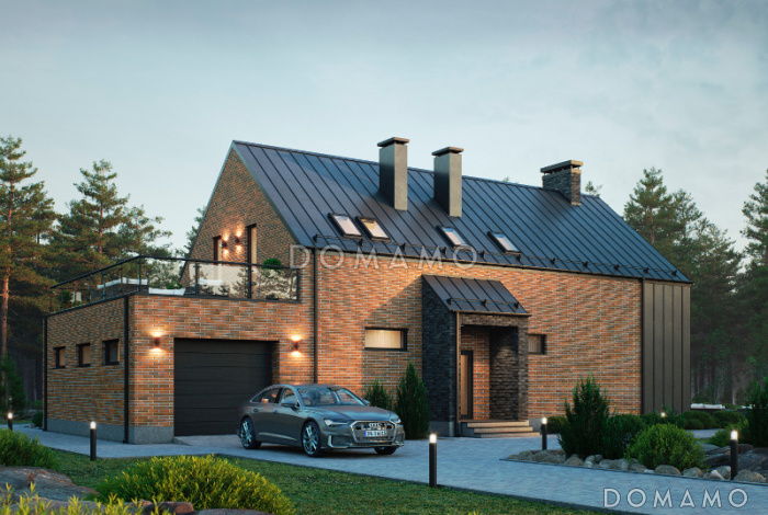 Проект дома с гаражом, хозяйской комнатой, террасами