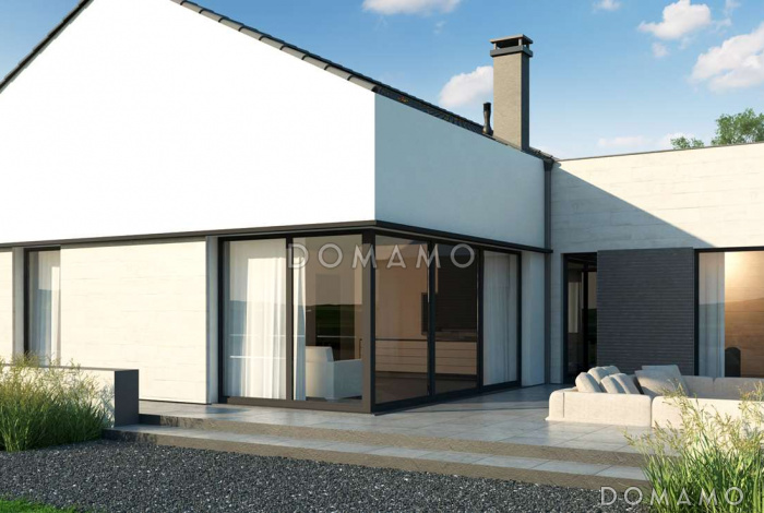 Проект комфортного одноэтажного дома из кирпича с гаражом и панорамным остеклением гостиной