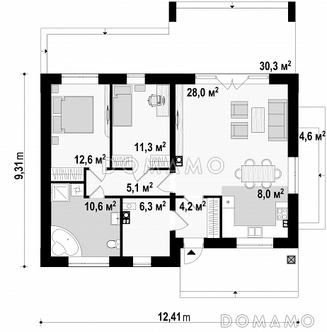 Проект одноэтажного дома из кирпича с оригинальной открытой террасой / План 1 этажа