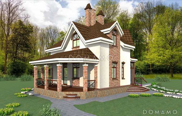 Проект квадратного  коттеджа  со входом с угла и большой террасой