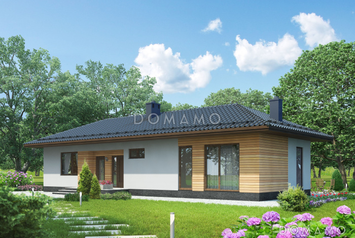 Проект одноэтажного дома по технологии ЛСТК с большими окнами в гостиной