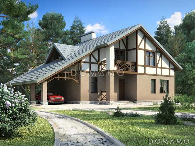 Проект дома в стиле фахверк с двусветной гостиной и навесом для машины