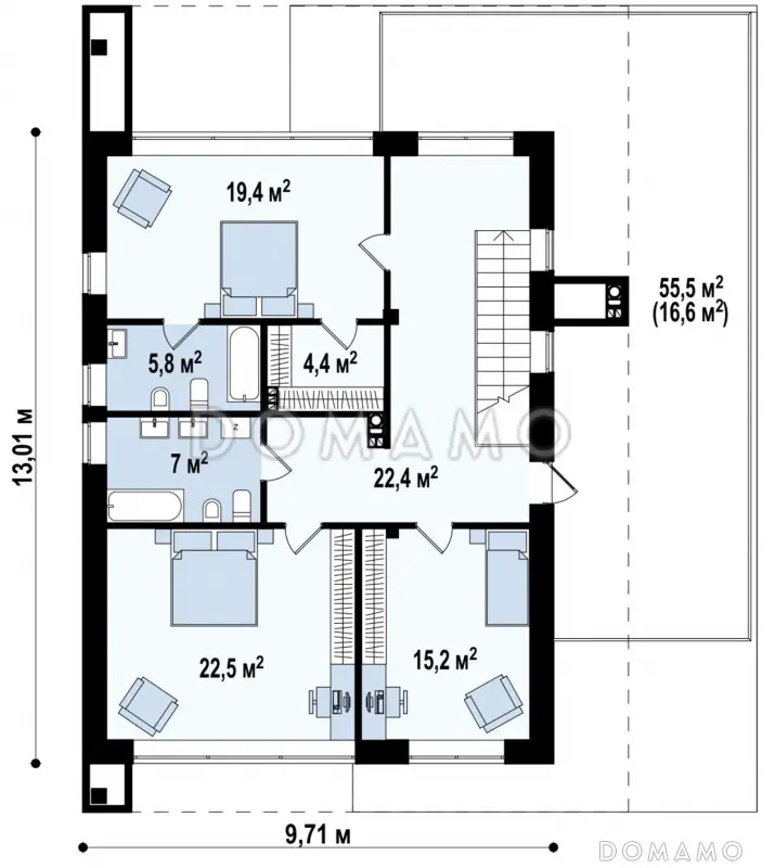 Проект современного двухэтажного дома из кирпича с тремя спальнями, спортзалом и гаражом / План 2 этажа